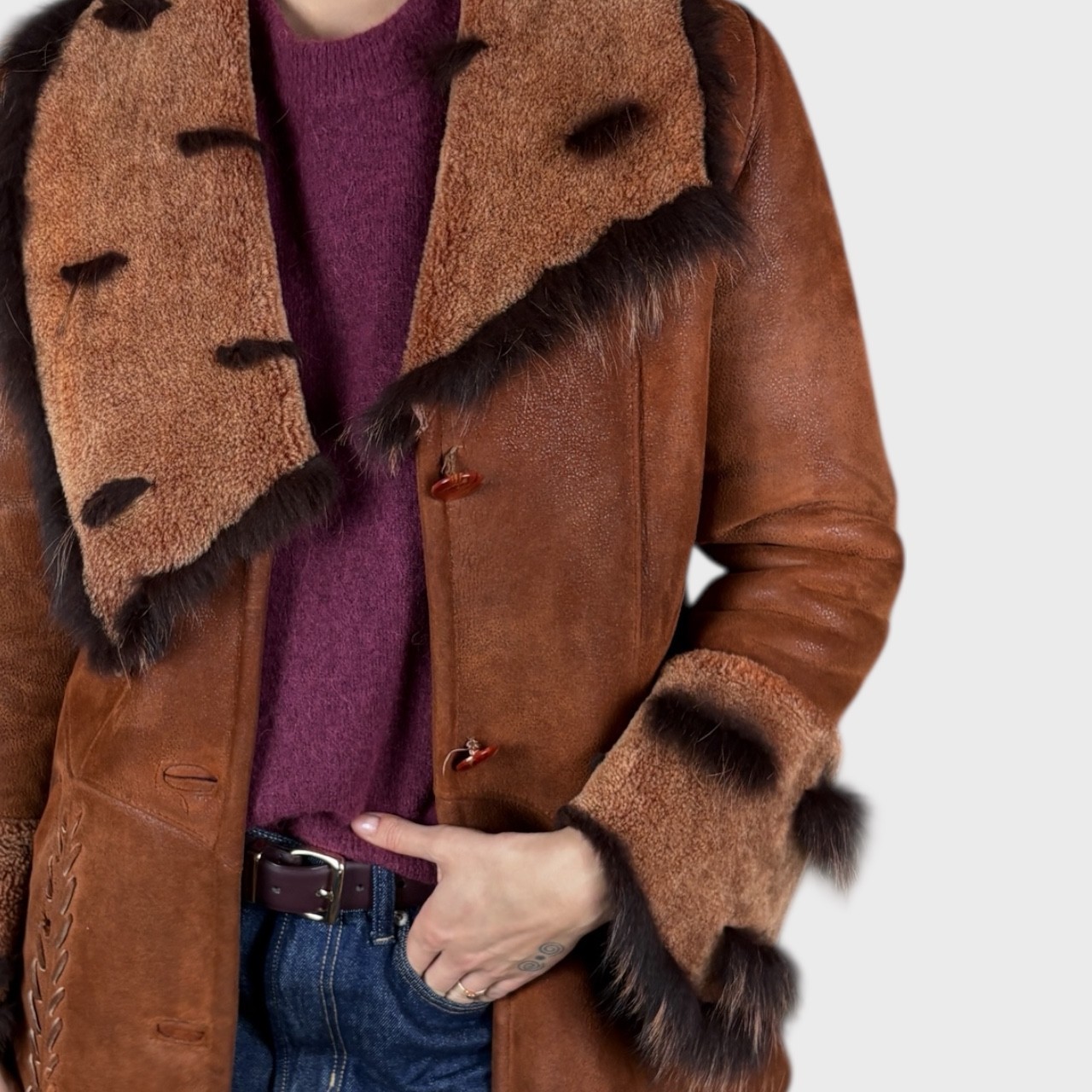 Vintage Brown Shearling Coat  Lambskin Leather Jacket  Size US 6/8  EU 38/40 image 7