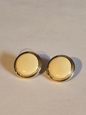 Gold Tone Stud Earrings Enamel Cream Button Style Small Post Back