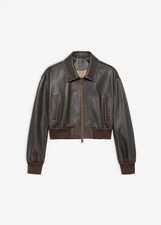 Women Vintage Brown Lamb Leather Bomber Jacket Real Flight Coat Cropped Zip-Up