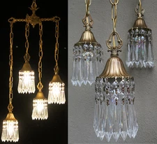 Vintage 4 lite lamp ceiling chandelier tole brass Lily crystal prisms w canopy