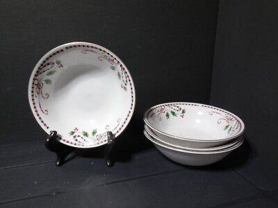 Set of 4 HOME ESSENTIALS TARTAN RIBBON 6 3/8'' Coupe Cereal Bowls (J6)