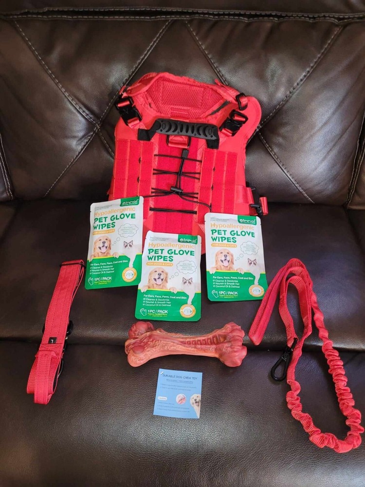 7-Piece Dog Gear Set - Red Military Harness, Leash, Collar, Gloves, Chew Bone