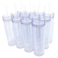 Set of 12 Double Wall Skinny Acrylic Tumblers 16 Oz, with Straws 