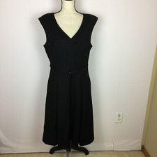 Talbots Fit & Flare Dress Sz 12 Womans Black Wool Cap Sleeve Belt V-neck Pocket
