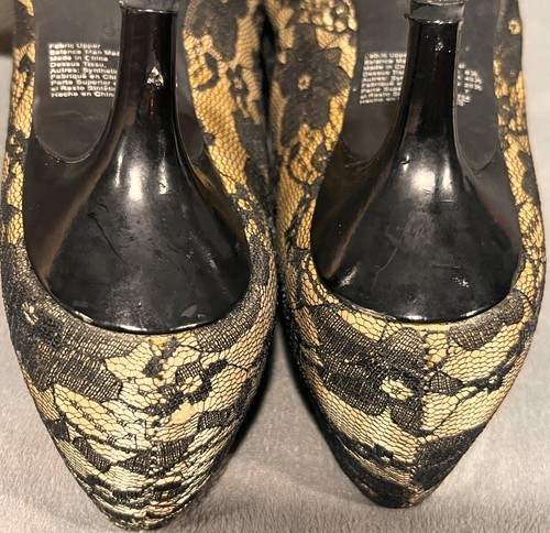Fioni Black Floral Lace Gold Black Bow Pumps Womans High Heels Shoes 8.5 - Picture 15 of 19