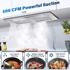 Zomagas 30in Insert Range Hood 800CFM Built-in Stainless Steel Stove Vent LEDs