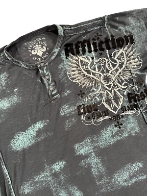 Afflication Live Fast T Shirt Mens 2XL Blue AOP Henley Y2K Short Sleeve Eagle