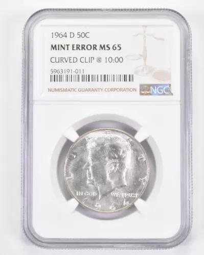 Mint Error MS65 1964-D Kennedy Half Dollar - Curved Clip @ 10:00 NGC *8909