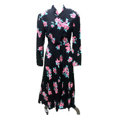 Vintage 90s Floral Dress Women’s M High Neck Cinched Waist Pockets Tea Length