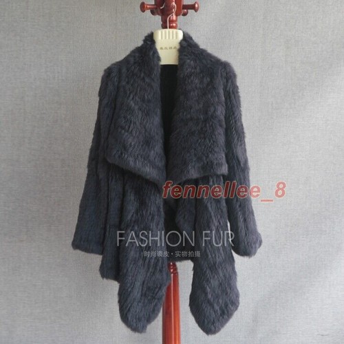 Women Real Knitted Rabbit Fur Coat Big Lapel Warm Fur Outwear Jacket Top Quality - Picture 15 of 32