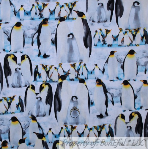 BonEful Fabric FQ Cotton Quilt White Blue B&W Penguin Ocean Bird Water Ice Scene - Picture 1 of 12