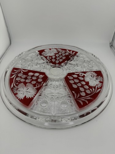 Vintage Ruby Czech Cut Glass Flat Cake Plate Read 12" - Picture 10 of 11