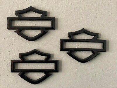 Harley Davidson Emblems, 3 pcs, Black, sized for Gas Tank, 4 Harley Davidson Emblems, 3 pcs, Black, sized for Gas Tank, 4