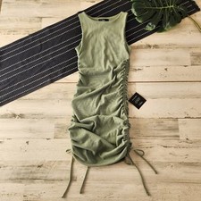 Lulus Over and Over Sage Green Ribbed Drawstring Ruched Bodycon Dress NWT Small