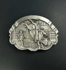 1981 Bergamot Brass Works Belt Buckle Rodeo Cowboy Equestrian Bull Riding Silver