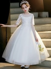 White Tulle Flower Girl Dress With Detachable Train Pageant, Wedding, Communion