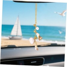 Boho Beach Car Decor, Handmade Seashell  Starfish Rear View Mirror Hanging