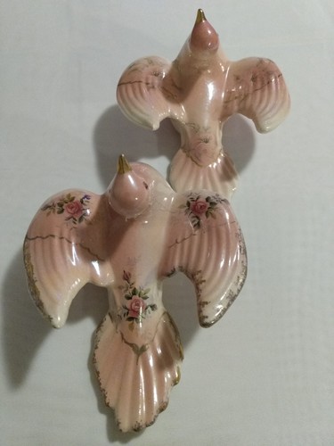Vintage Ceramic Pink Doves With Gold Tone Trim And Floral Design