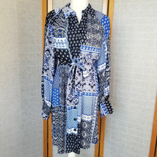 Calvin Klein Size 6 Shirt Dress Blue Patchwork Bandana Print Long Sleeves Belted