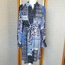 Calvin Klein Size 6 Shirt Dress Blue Patchwork Bandana Print Long Sleeves Belted