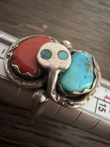 Vintage Signed EFFIE C ZUNI Snake Ring 925 Silver Turquoise & Coral Size 5 5.25