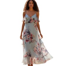 Lulus Light Blue Floral Cold Shoulder Ruffle Maxi Dress Large Boho Wedding