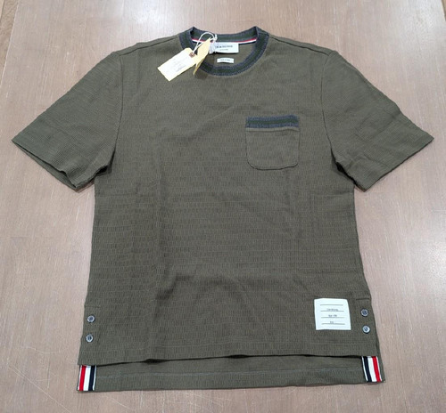 $590 Mens THOM BROWNE Pointelle Stitch Crewneck T-Shirt Dark Green 2 - Medium