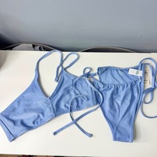 AERIE rib shine one shoulder bandeau  cheekiest bikini light blue L NWT NEW