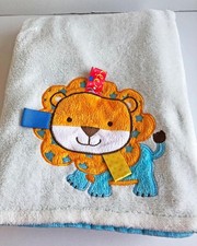 Taggies Baby Blanket Soft Plush Velour Lion White Blue lined 30x40