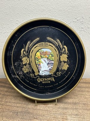Vintage Olympia Beer Tray Horseshoe Good Luck Waterfall Bridge Stream Black 13''