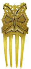 Dark Yellow and Blue Rhinestone Celluloid Hair Comb Accessory Art Deco Vintage