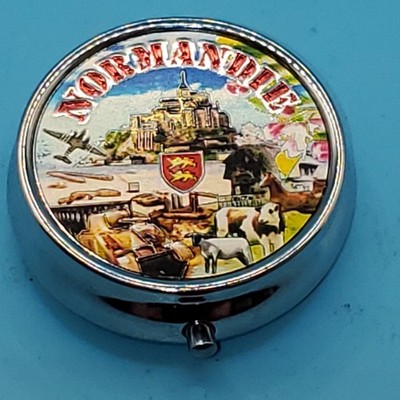 Souvenir Metall Normandie runde Pillendose Halterung St Michel 4,5 cm