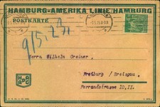 1923, Firmenkarte "Hamburg-Amerika-Linie", frankiert mit 40 M. Bauer mit Firmenl