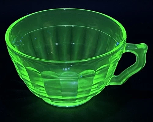 Anchor Hocking Optic Block Uranium Glass Coffee Tea Cup Angled Handle | ca. 1930