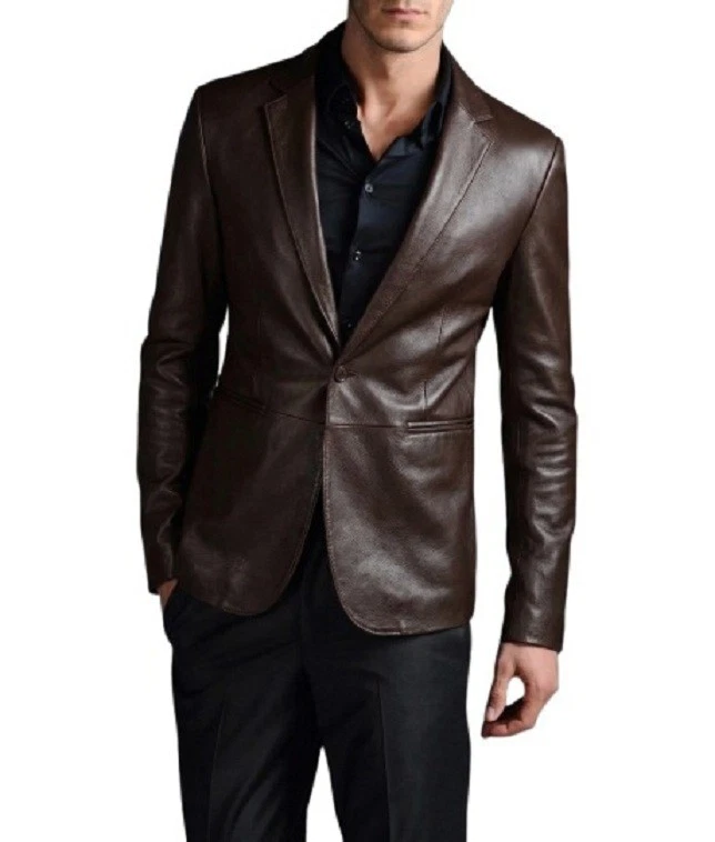 Leather Blazer Jacket Men's Coat Lambskin Soft Men Two Real Button 100% Brown 98