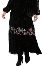 Antthony Embroidered Velvet Knit Tiered Skirt Black