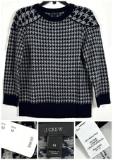 J Crew NEW 100% Merino Wool Sweater Women's  Houndstooth Navy Blue Gray MEDIUM