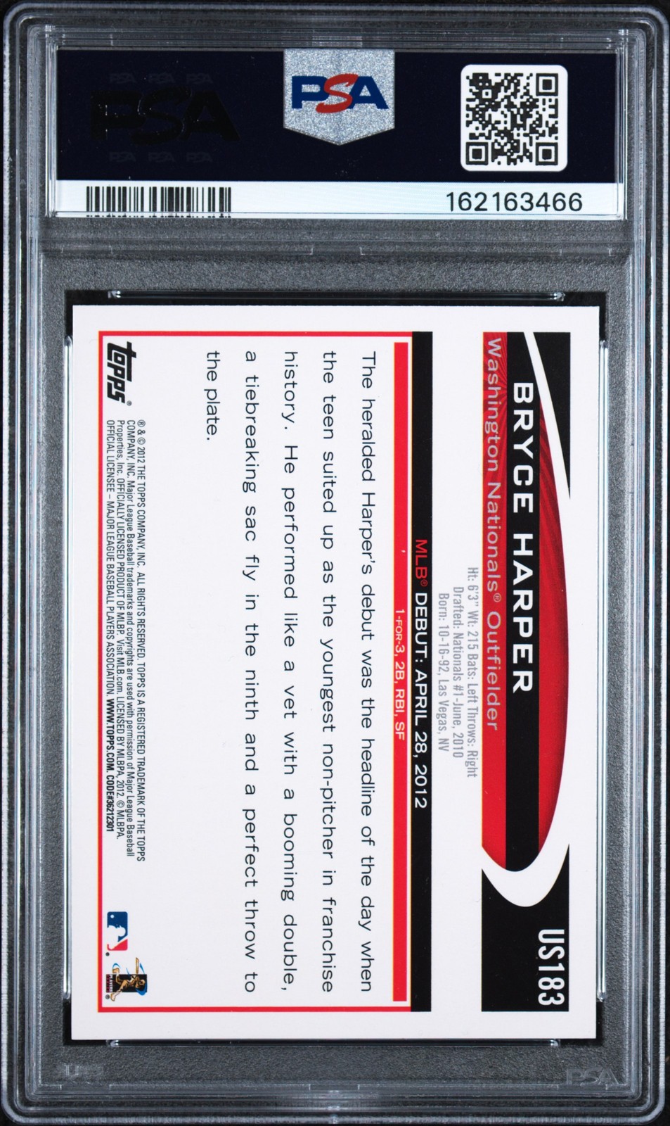 2012 TOPPS UPDATE #US183 BRYCE HARPER ROOKIE RC PSA 6 view 2