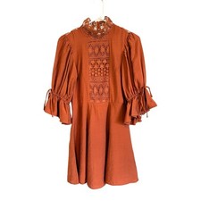 Angel Biba Martha High Neck Boho Mini Dress Rust Lace Open Back Victorian Sz 8