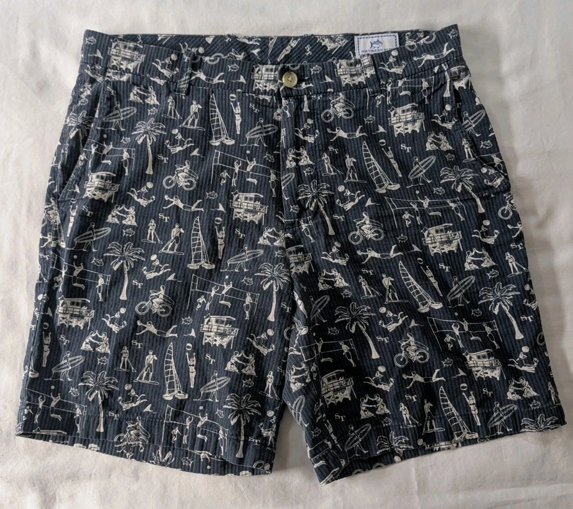 Southern Tide Mens Shorts Size 34 Blue White Beach Print Corduroy Summer Fish