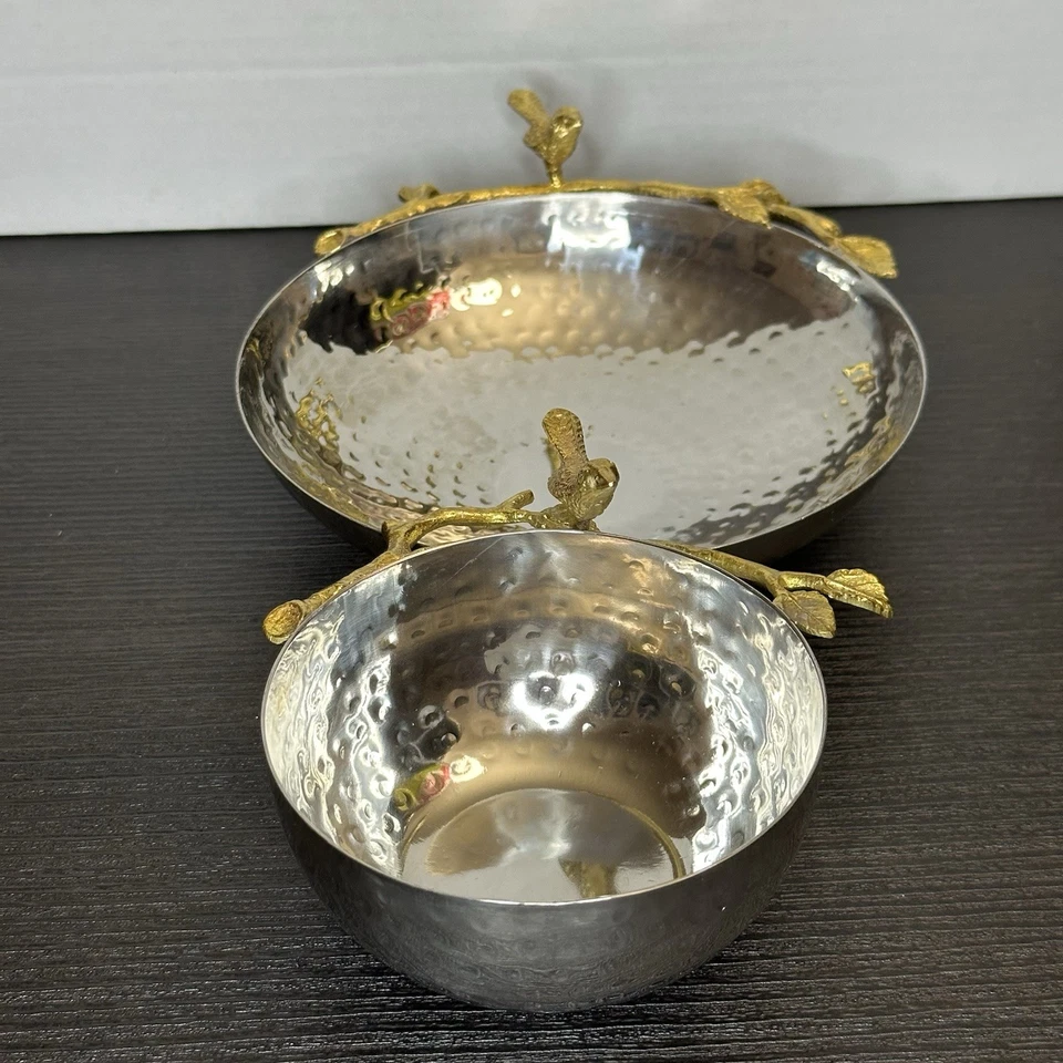 Cuencos de acero inoxidable martillados hechos a mano color oro/plata pájaros y ramas Foto 3 de 4