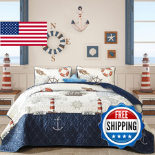 Djoymock Ocean King Size Quilt Set 3 Piece,Nautical Coastal Quilt Bedding Set wi
