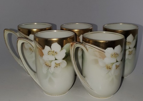 5 GOLD R.S. GERMANY Chocolate, Lemonade Mugs APPLE BLOSSOM Floral, ca. 1910-20 - Picture 4 of 6