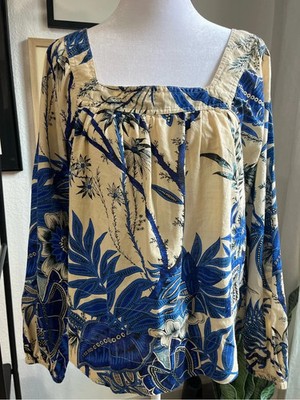 Elie Tahari Top Women s Blue Floral Blouse Puff Sleeve  Boho Oversized Cotton S