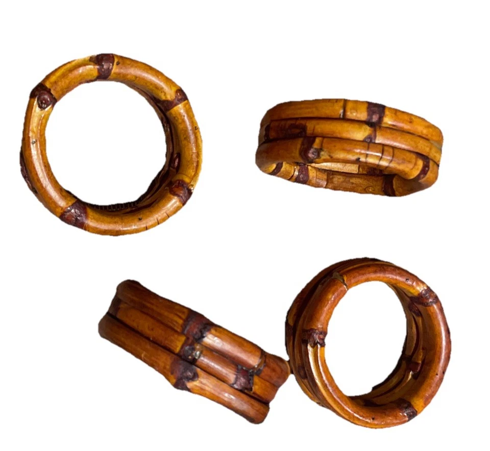 4 - Servilleteros de bambú de triple anillo quemados hechos a mano. Bohemio Rústico y Tiki Foto 4 de 4