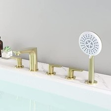 5 Hole Roman Tub Faucet with Sprayer, Gold Tub Faucet Set 3 Handle, 5 Piece Deck