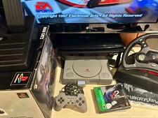 Sony Playstation  PS1  Bundle w 2 Games, Controller, Memory Card, & Racing Wheel