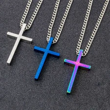 Men Women Cross Necklace Stainless Steel Boy Colorful Pendant Cuban Link Chain