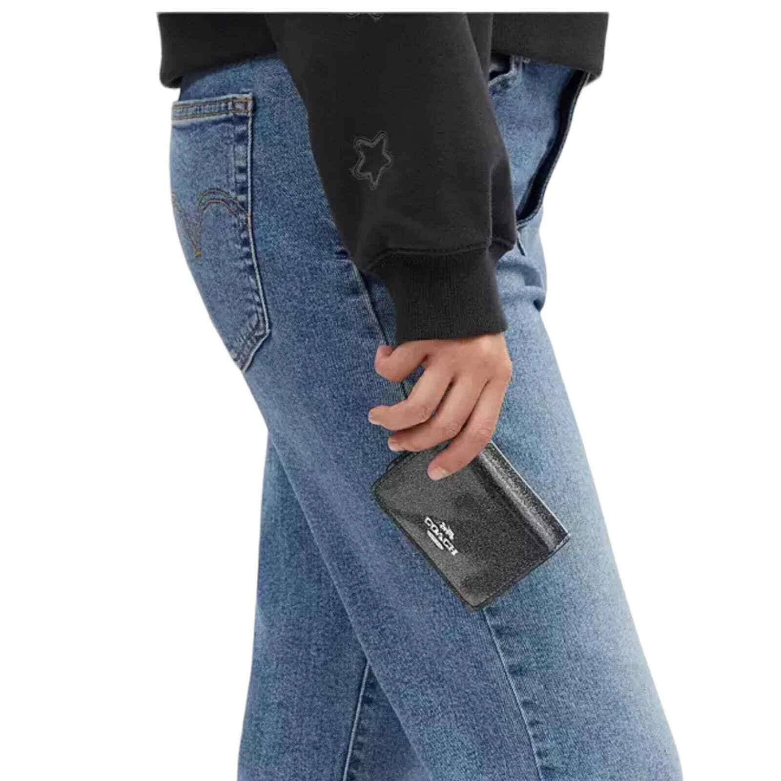 NUOVO MINI PORTAFOGLIO COACH A CATENA Gunmetal Glitter Pelle Patinata Argento Grigio + SCATOLA