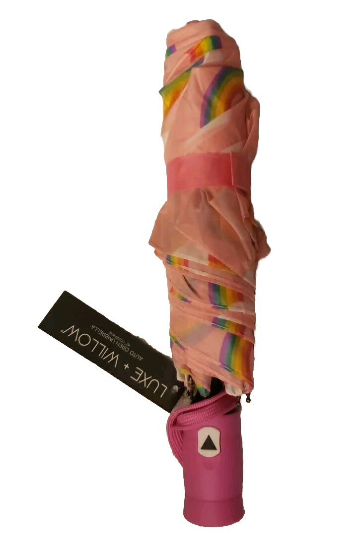 LUXE + WILLOW Auto Open Compact Umbrella Pink w/ Rainbows 42
